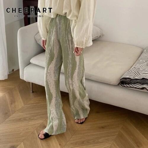CHEERART Ribbed Summer Wide Leg Pants Women Trousers Tie Dye Elastic High Waist Blue Green Loose Palazzo Pants Streetwear