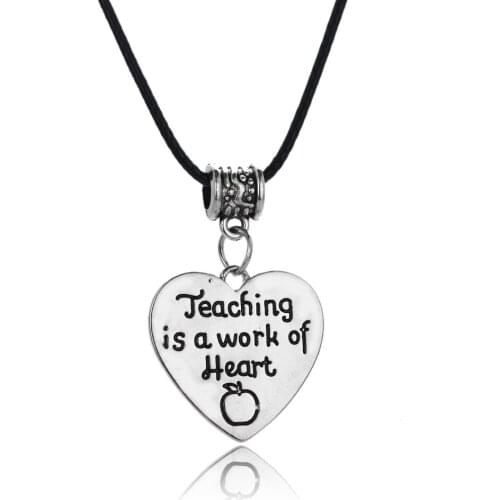 Teaching Is A Work Of Heart Love Heart Apple Necklaces Pendants New Thanks Teacher Gifts Leather Chain Fashion jewelry For women