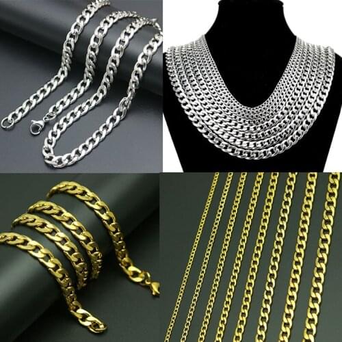Silver Gold Necklace Women Mens Titanium Stainlee Steel Figaro Flat O Link Chain,3-7MM Wide Big Necklaces women Wholesale