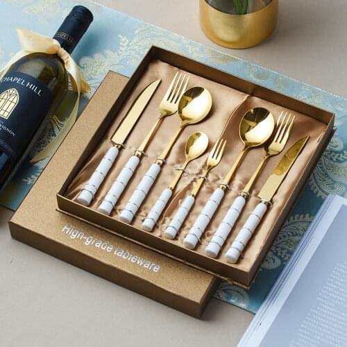 Ceramic Handle GoldenTableware Set Stainless Steel Fork Spoon knife Dinnerware Set gift package Cutlery Set
