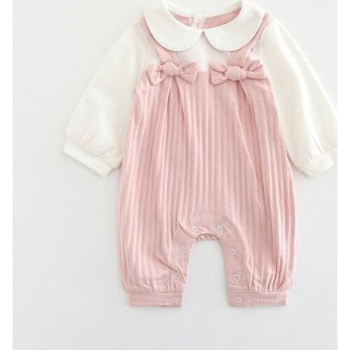 Toddler Girls Romper Peter Pan Collar Long Sleeve Jumpsuits Newborn Baby Clothes Infant Clothing Outfits with 2 Bows