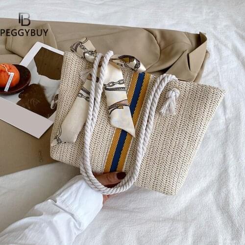 Handmade Purse Wicker Beach Bag Handbag Fashion Women Woven Patchwork Tote Shoulder Bag Summer Beach Silk Scarf Handbags