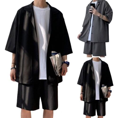 2021 Summer New Fashion JK Suit Solid Color Loose Design Two Pieces Trendy Men Polyester Coat Shorts Suit for Daily Life