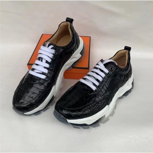 Authentic Real True Crocodile Skin Mens Leisure Black Sneakers Genuine Exotic Alligator Leather Male Soft Lace-up Walking Shoes