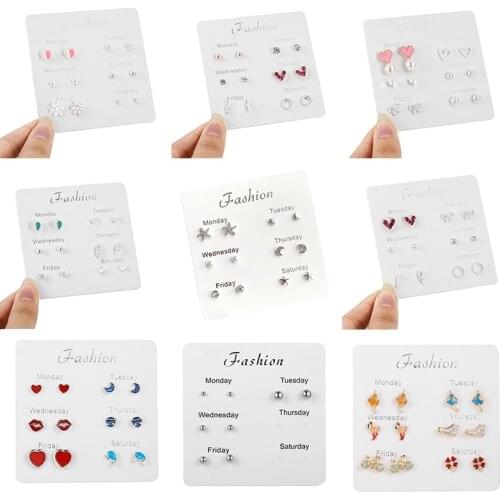 Cute Lovely Kids Jewelry Mixed Heart Pearl Stud Earrings Set For Women Girl Elegant Crystal Rhinestone Wedding Party Earrings