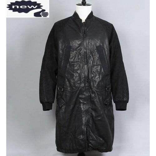 2021 Fashion Washed Long Genuine Coat Men Sheepskin Embossed Sleeve Stand Collar Real Leather Jacket
