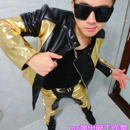 Hot Men Stage Jacket Costumes Style Black Gold Stitching Motorcycle Leather Jackets Mens Performances Pants S-5xl