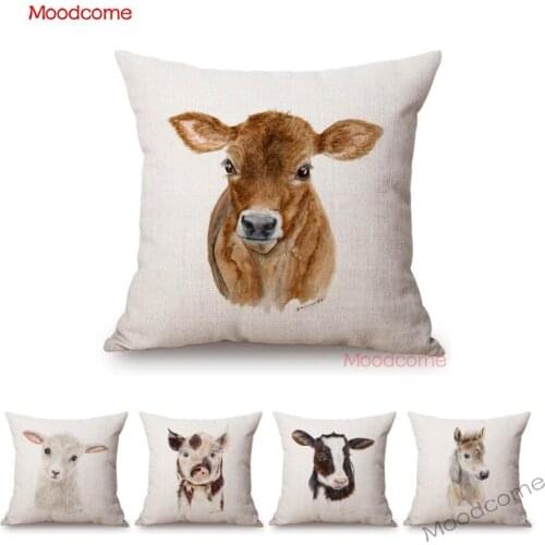 Farm Livestock Animal Sheep Cow Pig Horse Nordic Sofa Throw Pillow Case Baby Setting Nursery Children Cotton Linen Cushion Cover