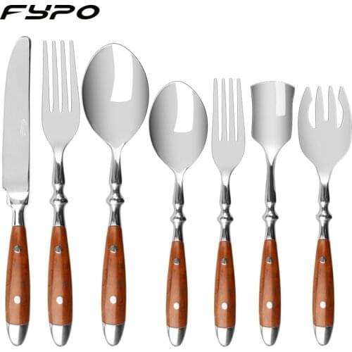 Steak Knives Fork Spoon Wood Handle Laguiole Style Flatware Stainless Steel Cutlery Dinner