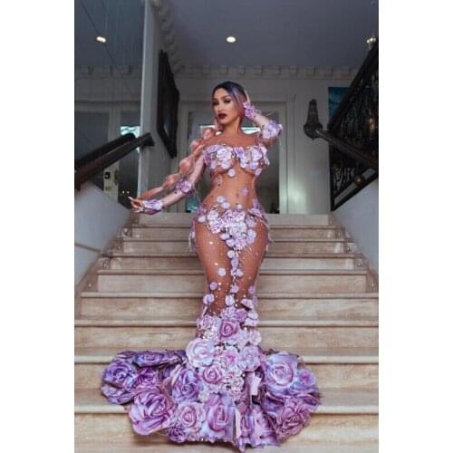 Sexy Party Pink Floral Mermaid Dress Women Feather Crystal Evening Long Dress Singer Floor Length Trailing Dress Stage Costumes