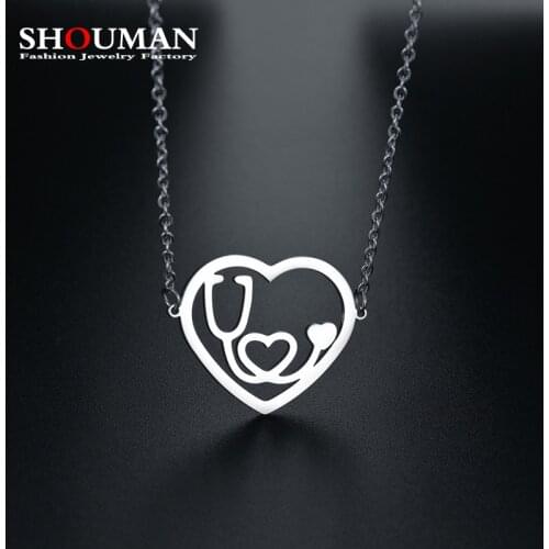 SHOUMAN Heart Stethoscope Stainless Steel Pendant Necklaces for Women Nurse Doctor Graduation Medical Jewerly