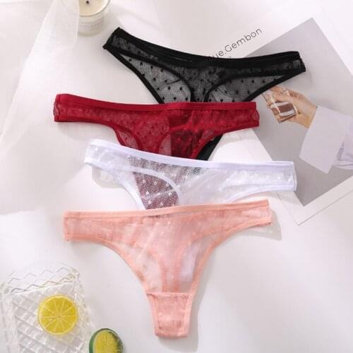 Sexy ultra-thin ladies thong hollow polka dot pure color breathable womens underwear low waist high slit briefs