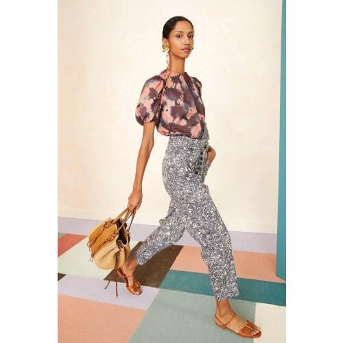 Ull* Johnso* 21 spring silk printed tie-dye tassel lantern sleeve loose o-neck top shirt