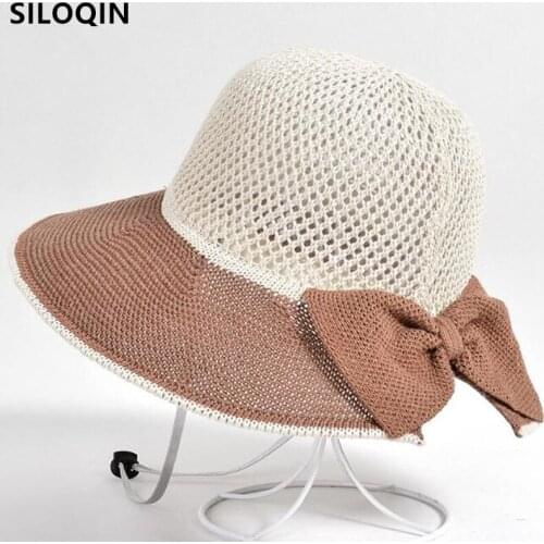 SILOQIN Elegant Fashion Womens Panama Hat Hollow Breathable Sun Hats Foldable Travel Beach Hat New Summer Mesh Bow Straw Hat
