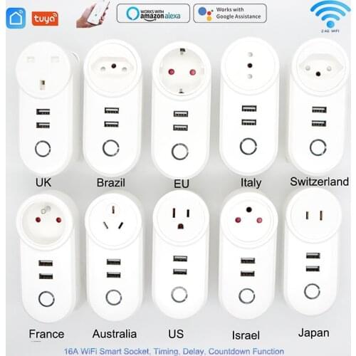 16A Tuya USB Wifi Smart Plug EU UK US Israel BR AU FR Wireless Power Remote Control Timer Charger Socket Alexa Google Home