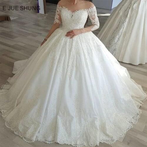 E JUE SHUNG Vintage lace appliques Off The Shoulder Ball Gown Wedding Dresses 2020 Long sleeves Bride Dresses Wedding Gowns