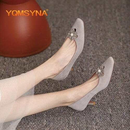YQMSY Fashion Shoes Women Handmade Thin Heels Square Toe Flower Pearl Dress Shoes Spring/Autumn Slip-On New Ladies Pumps AS45