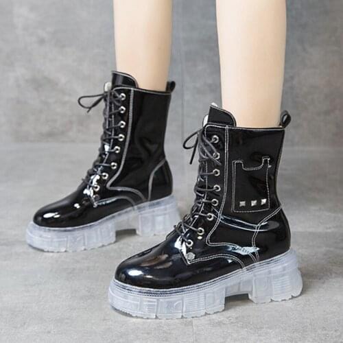 Lucyever Clear Heels Rivet Ankle Boots Women Thick Bottom Platform Motorcycle Boots Woman 2021 Autumn Round Toe Lace-up Shoes