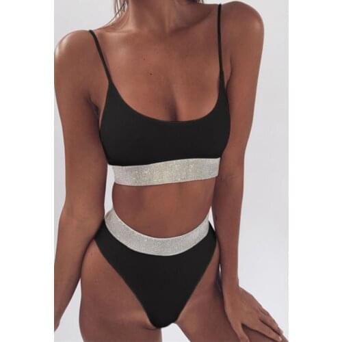 Women Push Up Bikini Set Sequins Crystal Rhinestone Patchwork Swimwear High Waist Swimsuit Summer Bathing Suit Biquini Swim Wear