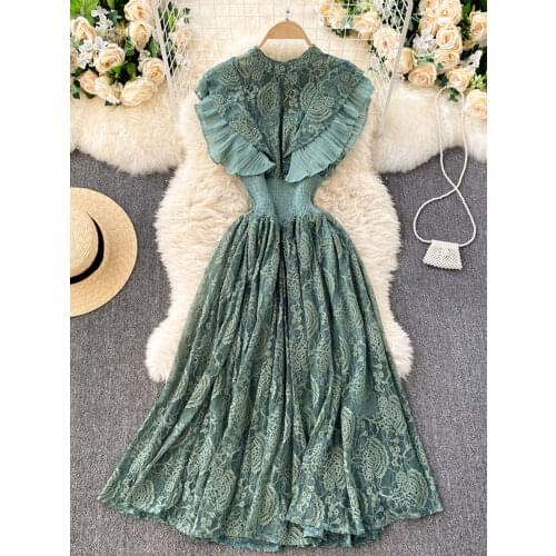 Summer 2021 Temperament Fashion Vestidos Womens French Elegant Pleated Ruffled Waist and Thin Temperament Lace Midi Dress C416