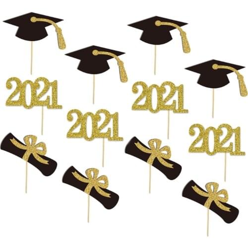 2021 Graduation Paper Cupcake Toppers 48 PCS Food Appetizer Picks For Graduation Party Mini Cake Decorations Grad Cap Set