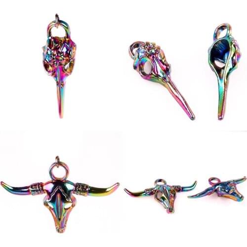 5pcs/lot Vintage Rainbow Color zinc Alloy Animal Crow Raven Head Birds Sheep skull Pendant Charms fit Necklace women gifts