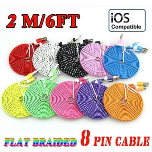 8PIN Colorful 6FT 2M Flat Noodle Fabric Nylon Braided Woven USB Charge Data Sync Cable for iPhone X 8Plus 8 7Plus 7 6 300pcs/lot