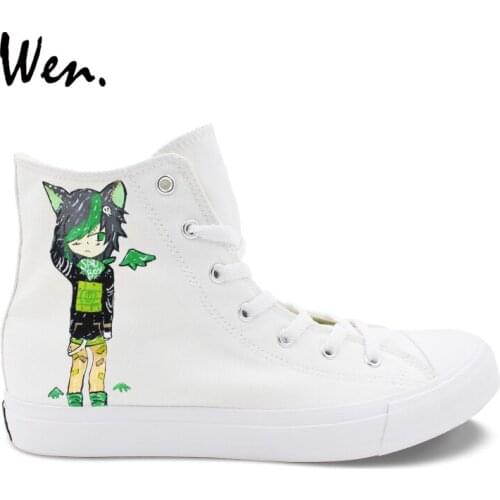 Wen White Sneakers Boy Girls Gifts Hand Painted Shoes Cartoon Cat Custom Design High Top Lace Up Canvas Rubber Shoes