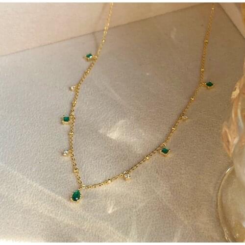 Binmonray 925 Sterling Silver Green Zircon Choker Necklace for Women Chic Elegant Mori Style Luxury Necklace Fine Jewelry Gift