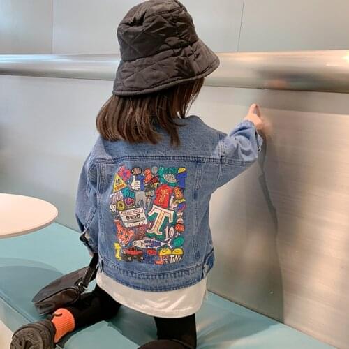 Mila Chou 2021 Spring Autumn Boys Girls Graffiti Jeans Jacket Long-sleeve Pocket Denim Jacket Coat 2-8Y