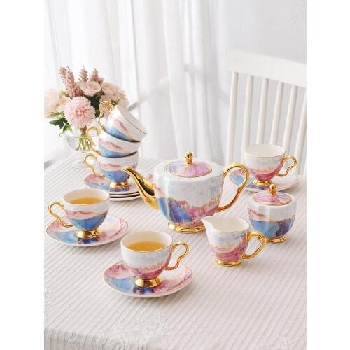 European Bone China Tea Set With Coffee Pot Milk Jug Sugar Pot Dessert Plate British Cup Saucer Office Party Teaware Best Gift