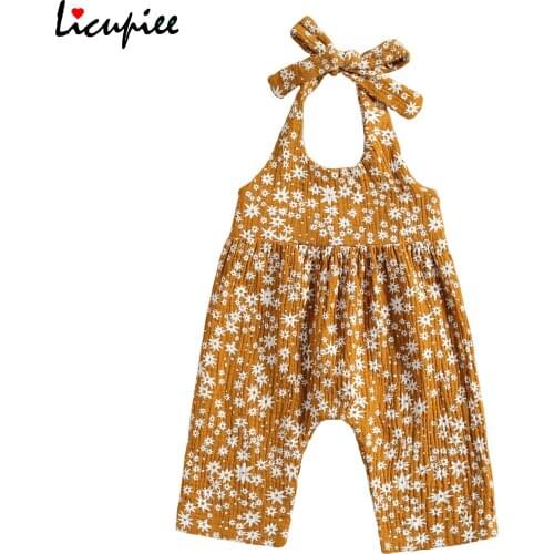 0-24 Months Baby Rompers Print Clothes New Born Girls Vest Jumpsuit, Flower Print Sleeveless Long Pants Halter Ropmer