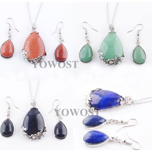 Natural Stone Women Jewelry Set Teardrop Rose Quartzs Tigers Eye Turquoises Aventurine Beads Pendant Earrings Necklace QBQ309