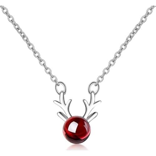 New Simple Deer Red Garnet Antler 925 Sterling Silver Jewelry Women Fresh Crystal Animal Clavicle Chain Necklaces H424