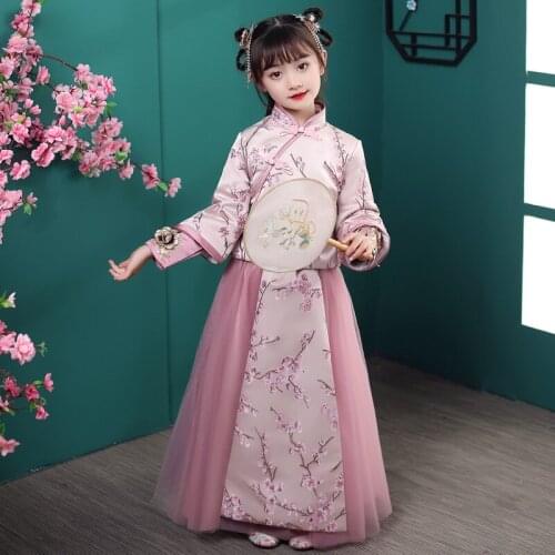 Autumn And Winter Girls' Hanfu Long Sleeves Tang Suit New Years Clothing Evening Party Dress Wedding Flower Childrens Wear
