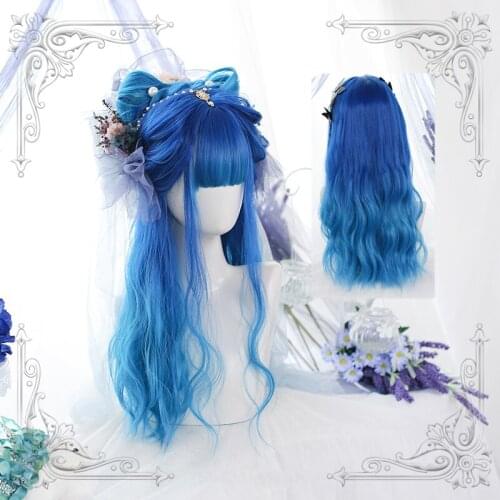 Adult Gradual Blue Lolita Wig Harajuku Fairy Cosplay Bangs Body Wave Long Curly Ocean Navy Wig Sweet Fringe Girls Synthetic Hair