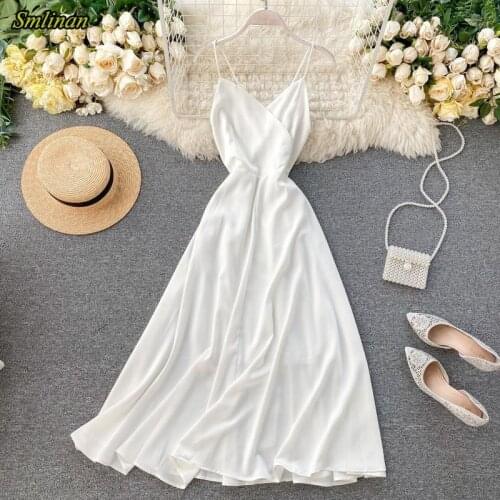 Smlinan Summer Bohemian White Beach Long Dress Women Solid Sleeveless A-line Dress Female Sexy Elegant Spaghetti Strap Dresses