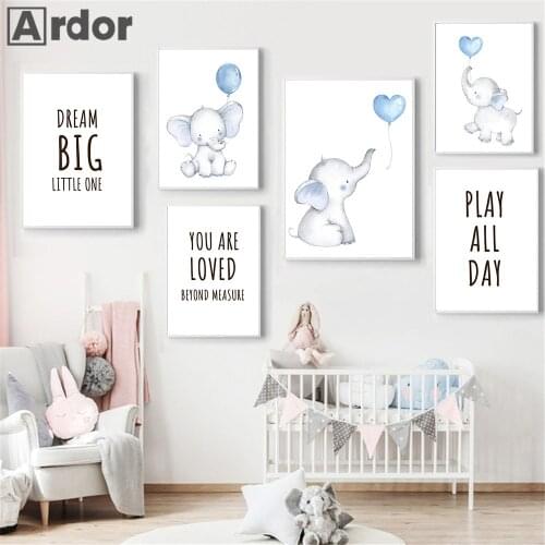 Blue Balloon Elephant Wall Art Poster Nursery Canvas Print Quote Art Painting Nordic Wall Pictures Playroom Baby Kids Room Decor