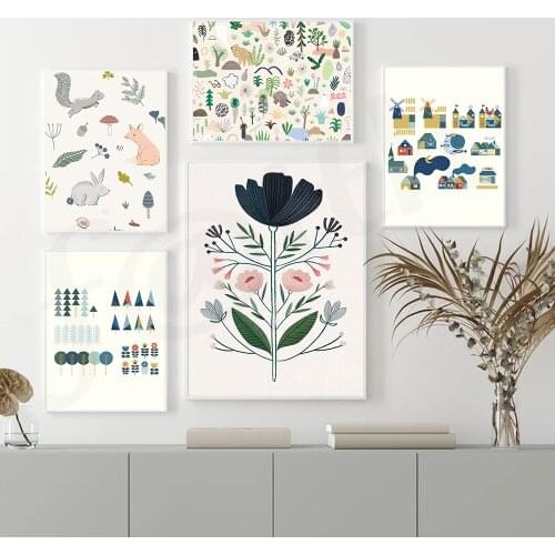 Nordic Flower House Windfall Canvas Child Poster Nursery Wall Art Print Cute Rabbit Animal Picture Painting Kids Bedroom Decor