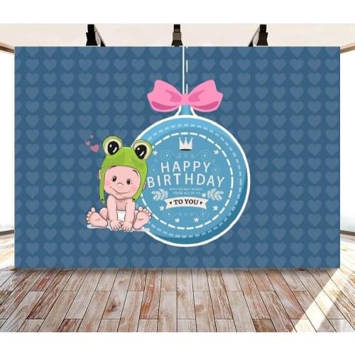 Cartoon Blue Cake and Frog Hat Portrait Photography Backdrop Kids Birthday Party Decor Photo Background Studio Photocall Props