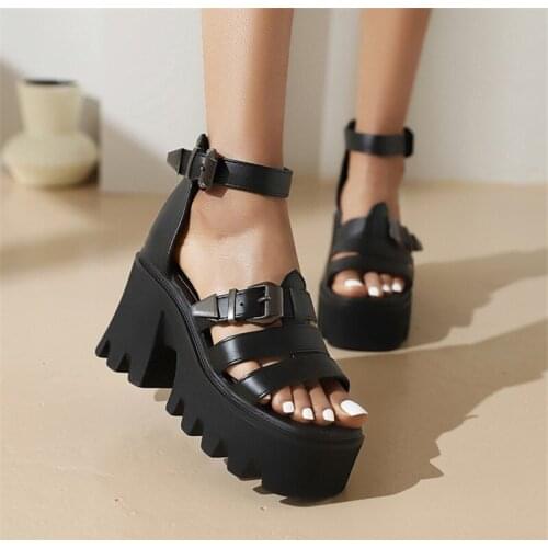 PXELENA 2021 Summer Large Size 36-45 Street Cool Girls Gothic Punk Gladiator Sandals Women Thick Sole Platform Chunky Heel Shoes