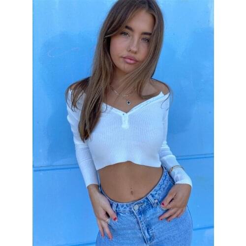 Women Spring Autumn Ribbed Knit Crop Tops Long Sleeve Solid Color Slim Fit Button Front T-Shirts White/Black/Brown/Blue