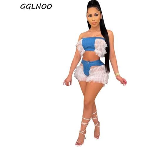 GGLNOO 2021 Summer Sexy Women Set High Elastic Imitation Denim + Mesh Fabric Off The Shoulder Vest + Shorts Suit Two-Piece Suit