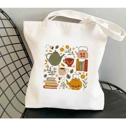 2021 Shopper Flowery Books and Tea Printed Tote Bag women Harajuku shopper handbag girl Shoulder shopping bag Lady Canvas Bag