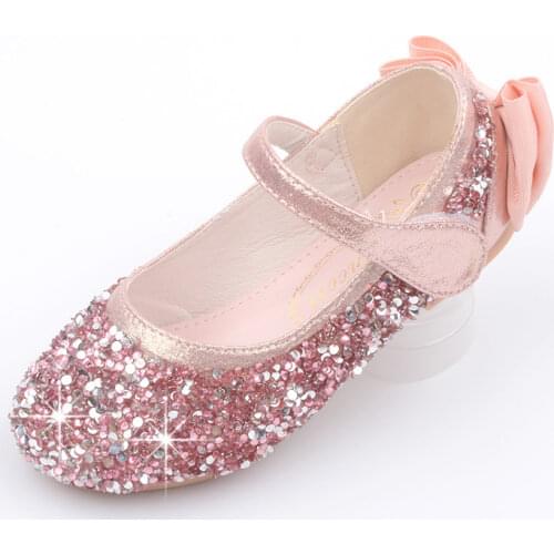 Princess Shoes Party For Girls Dress Heels Wedding Autumn Children Shoes Fashion Bow Sequins Leather Kids Shoes 3 5 12 Years Old