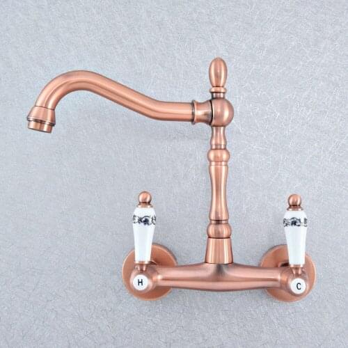 Antique Red Copper Wall Mounted Swivel Spout Bathroom Sink Faucet Double Handle Mixer Tap Wall Mounted Nsf876