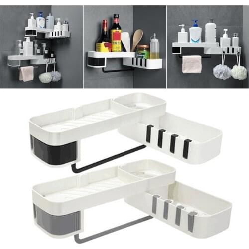 White Black Bathroom/Kitchen Multifunction Shelves 180 Rotating with Tower Bar and Hooks Wall Mounted Shower Holder Accessories