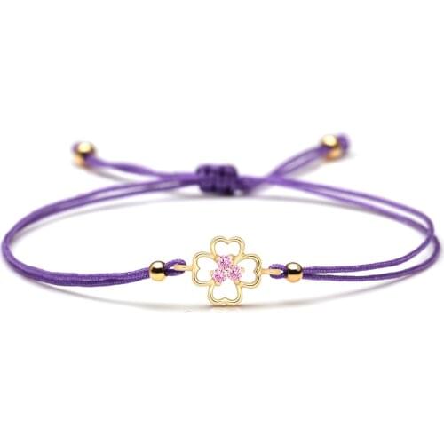 Purple Cubic Zirconia Crystal Four Leaf Clover Bracelet Women Men Fashion Classic Tiny Cute Copper Zircon Clover String Jewelry