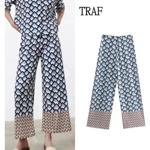 TRAF Za Woman Pants 2021 Summer Print Women Clothing Trousers Loose Woman Straight Pants Chic Casual High Waist Wide Leg Pant