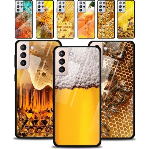 Honey Bee Yellow Honeycomb Tempered Glass Cover For Samsung Galaxy S21 Plus Ultra M21 M31 M51 A52 A72 Phone Case Coque